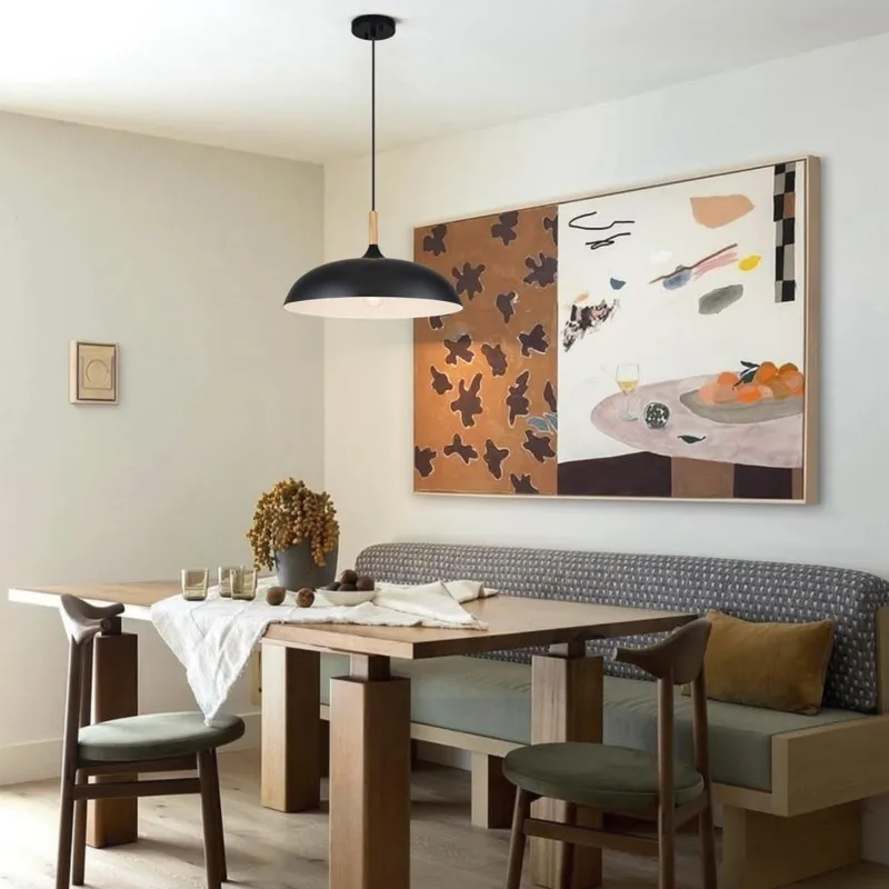 Modern Matte Black Wood Pendant Light E27 Dimmable Hanging Ceiling Lamp for Kitchen Island Dining Room Bedroom