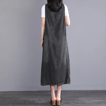 Stylish Mid-Length Denim Overalls Dress Women's Premium Fashion A-Line Skirt British Style Summer Season V-Neck Sleeveless