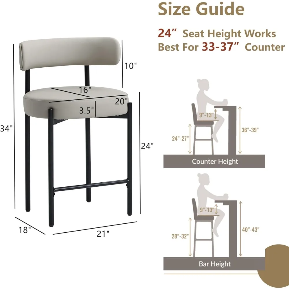 Counter Height Bar Stools, 24'' Grey Bar Stools Set of 3, Faux Leather Counter Stools with Back, Mid-Century Modern Bar Stools