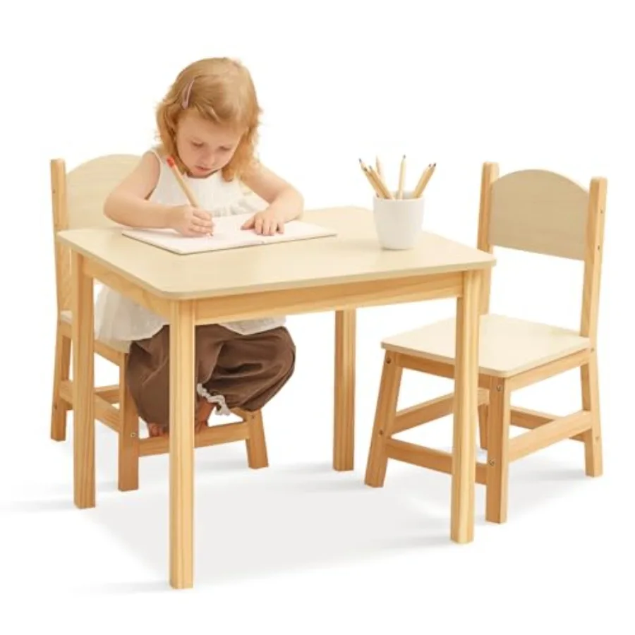 Juego de Mesa y Sillas de Madera, Superficie Impermeable, Fácil de Limpiar, Bordes Lisos, Ideal para Niños Pequeños, para Comer y Hacer el Rato de Merienda