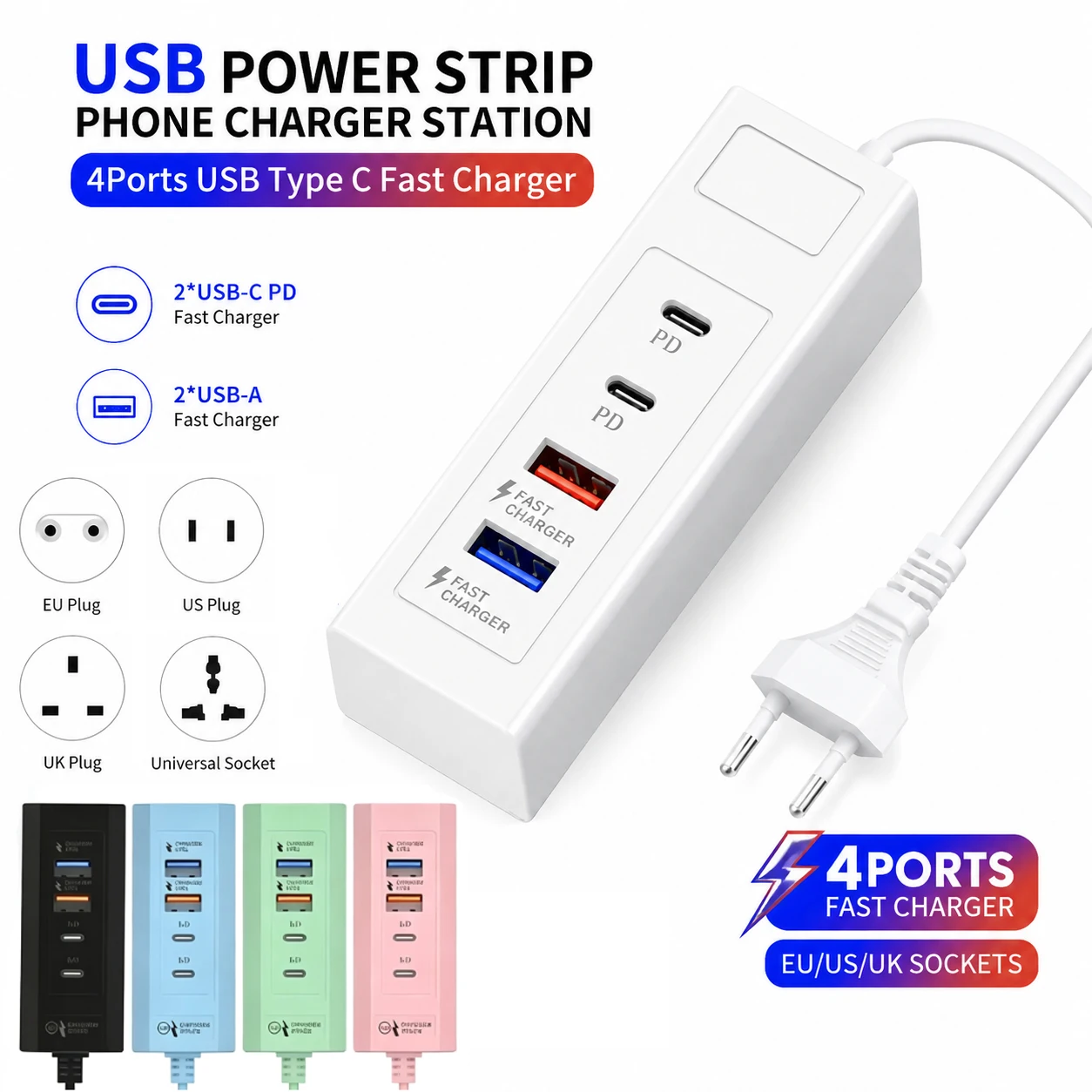USB Power Strip Phone Charger Station Splitter 4Ports USB Type C Fast Charger USB C Expander Travel Charger EU/US/UK Sockets