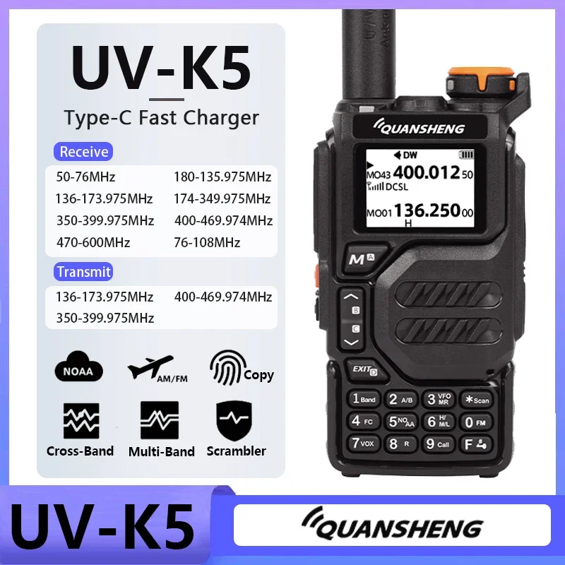 Quansheng UV-K5 Walkie Talkie 50-600MHz Radio 5W UHF VHF NOAA Scrambler /DTMF Wireless Frequency Copy UV-K58 UV-K6 Two Way Radio