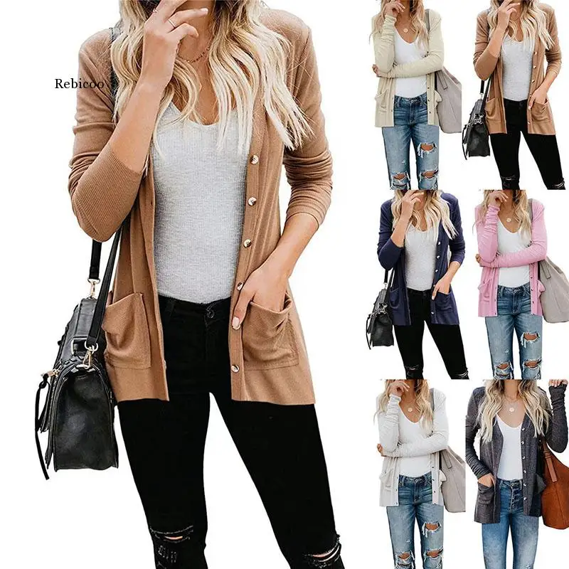 2022 fashion knitt ribbed women's cardigan jackets autumn winter casual solid long sleeve button pocket ladies all-match jackets