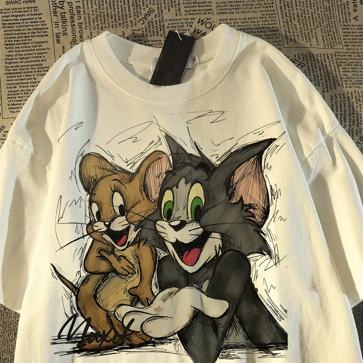 Sketch Style Tom and Jerry T Shirt Vintage Hand Drawn Cartoon Cat Mouse Graphic Unisex Men's and Women's Kids Casual Cotton Tee