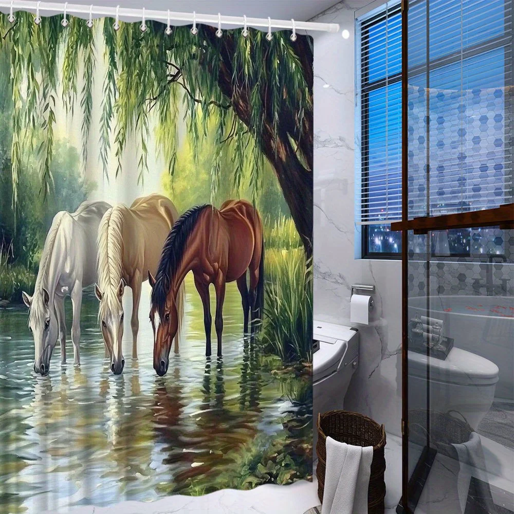 Waterproof Horse Pond Forest Shower Curtain Serene Nature Woodland Animal Bathroom Decor Liner Aesthetic Shower Curtain Bathroom