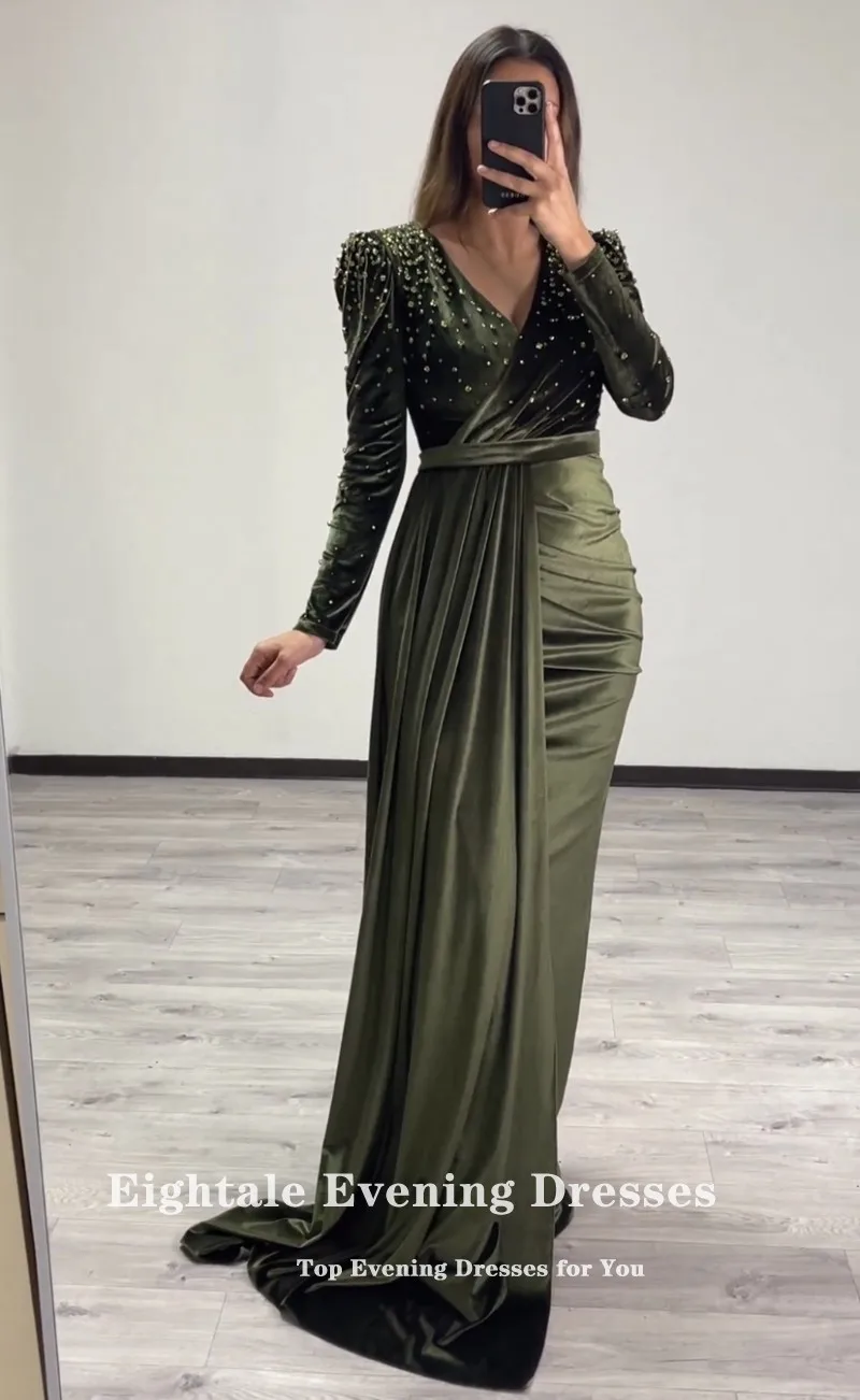 Eightale Velvet Evening Dress for Wedding Party V-Neck Beaded Olive Green Mermaid Customized Long Sleeves Prom Gown