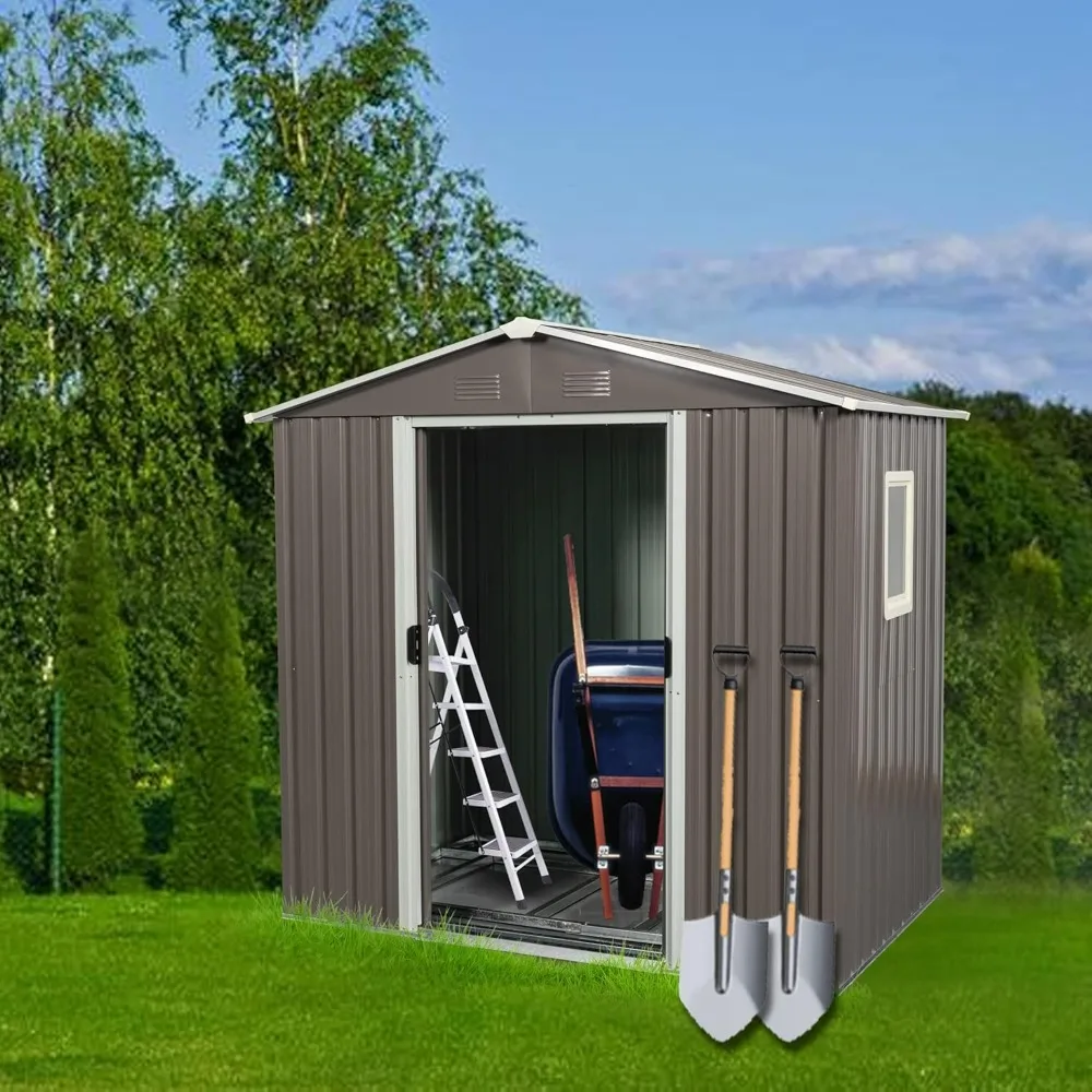 6 x 5 FT Outdoor Storage Shed, Metal Garden Sheds with Floor Frame, Tool Shed Outdoor Storage with Lockable Sliding Doors