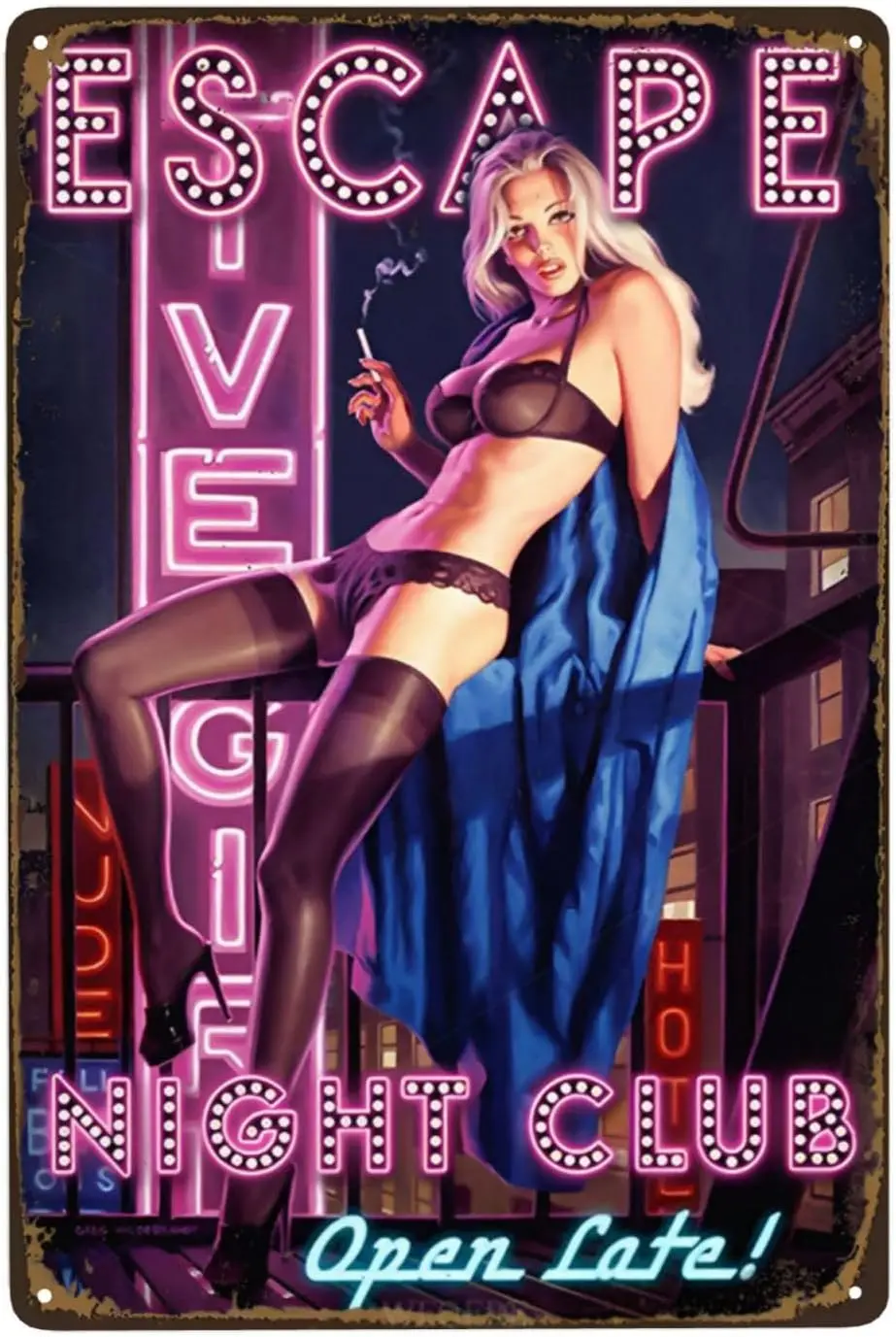 Escape Night Club Pin Up Girl Vintage Metal Tin Sign, Poster Signs for Home Women Bar Man Cave Accessories Bedroom Living Room G