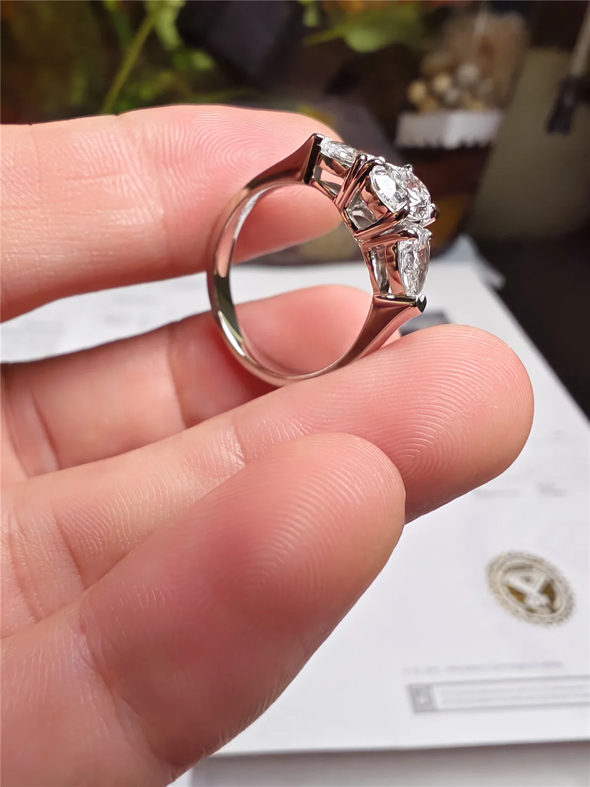 PT950 Platinum Diamond Ring with Lab-Grown 3CT Oval Three-Stone Pear-Shaped Diamond, 14K Gold Wedding Ring, High-End Jewelry Cus view 4