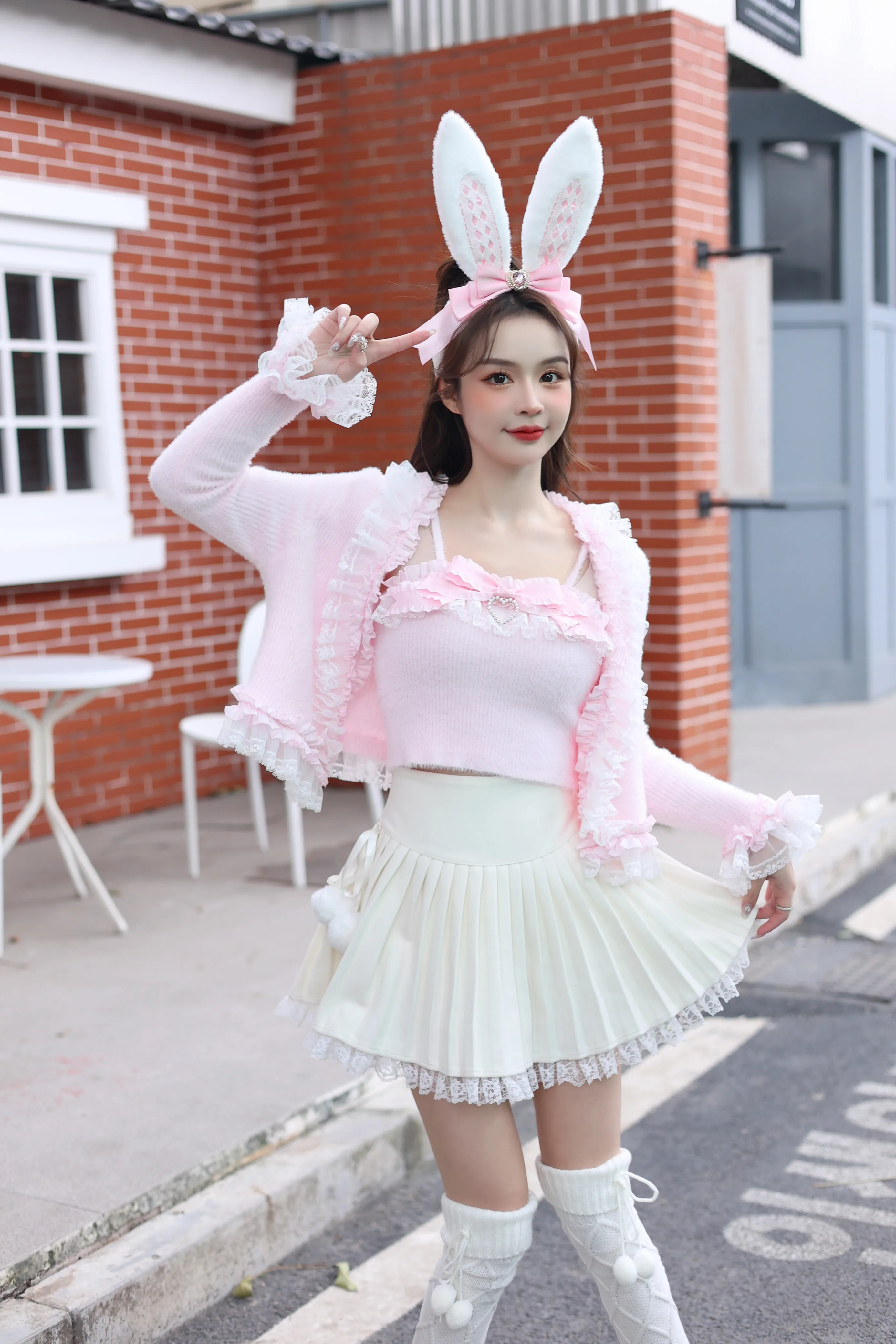 Princess Lolita Lace Edge Mohair Sweater Cardigan Bow Heart-Shaped Slim-Fit Short Sling Autumn Women\'s Knit Top Two Piece Set