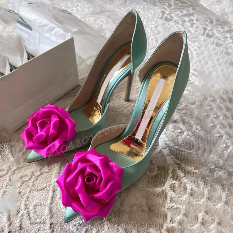 

Rose Floral High Heel Pumps Pointed-Toe Heels Blossom Evening Pointed Toe Slip On Women Party Shoes