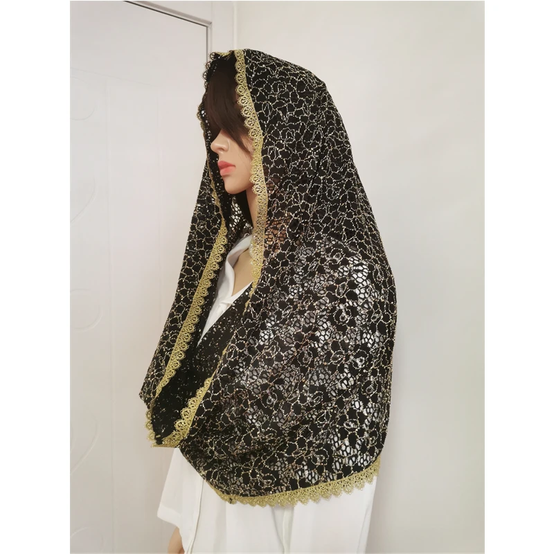 Preto e ouro laço oco mantilla véus para igreja católica mulher vintage redondo cabeça cobrindo luxo