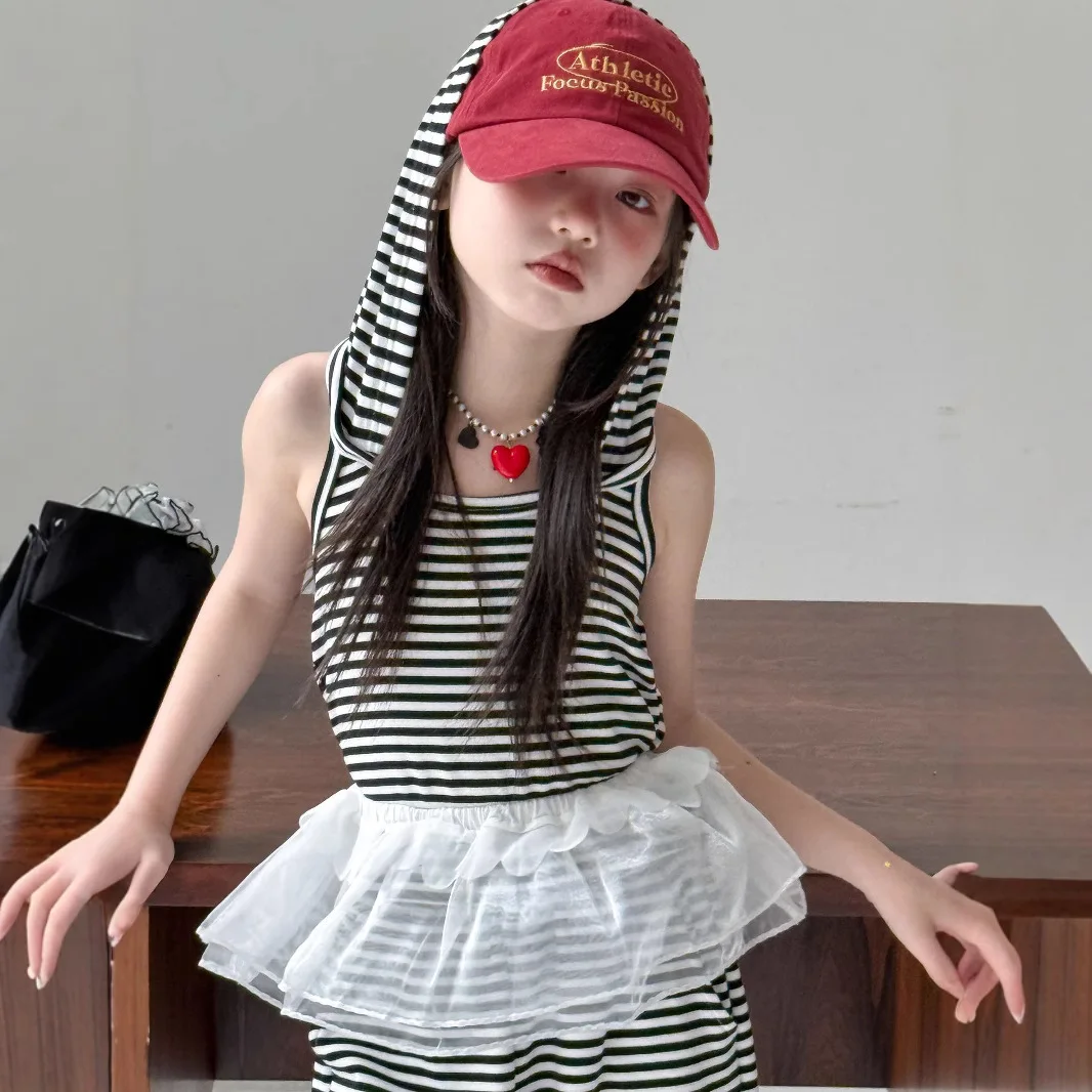 

Girls Suit 2025 Summer New Childrens Clothing Korean Baby Girls Hoodie Backless Stripe Slepless Top Wide-leg Pants Two Sets