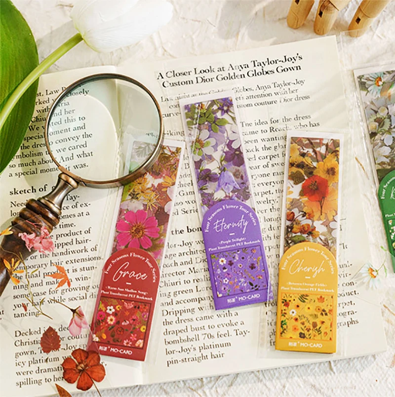 5pcs/set Four Seasons Flower Travel Series Bookmark PET Translucent Reading Book Mark Retro Book Page Marker Stationery Supplies