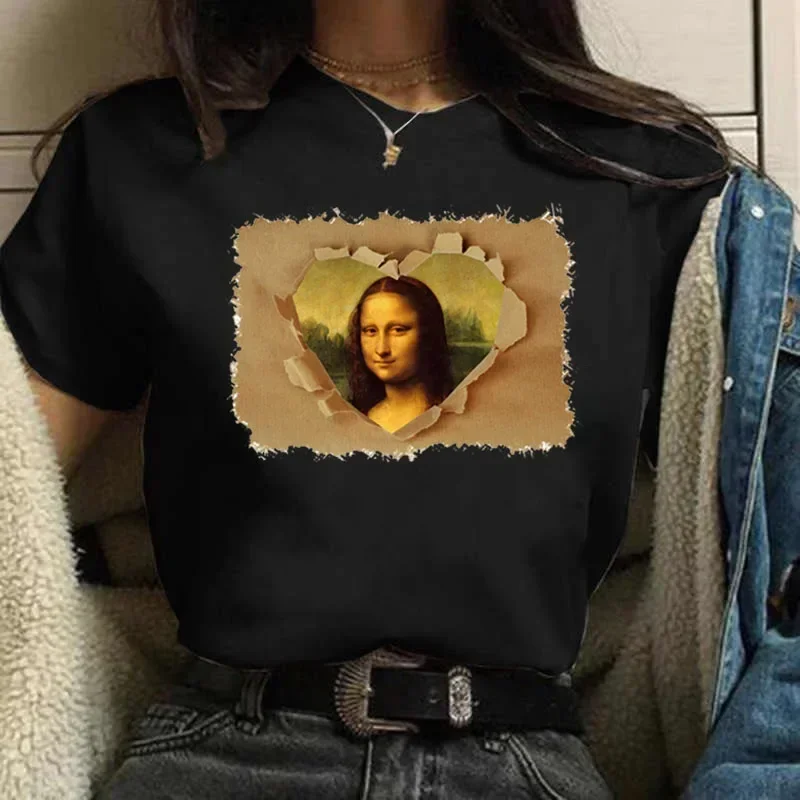 Vintage Humor Mona Lisa Print Women Fashion Top Funny Rose Mona Lisa T-Shirt Classic Camise Breathable Short-sleev