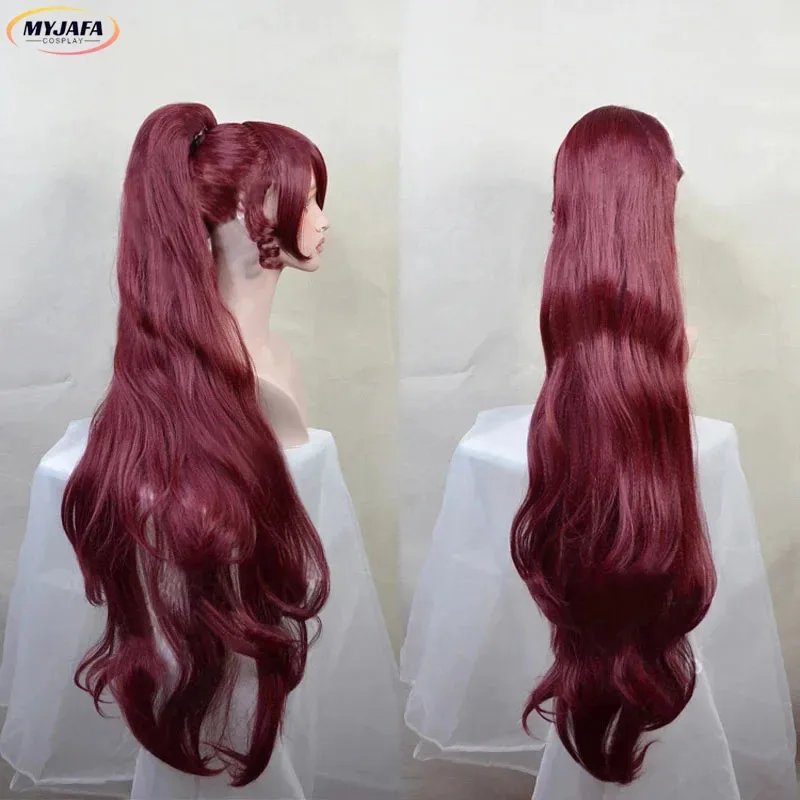 2025 الأميرة ميجارا تأثيري ميج مشبك طويل ذيل حصان النبيذ الداكن الأحمر مقاومة للحرارة الاصطناعية الشعر أنيمي الباروكات + غطاء شعر مستعار
