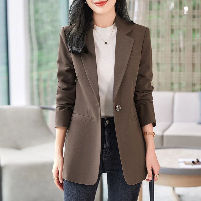 Women Fashion Blazer Autumn Winter Long Sleeve Coat Single Button Solid Office Lady Suit Casual Elegant Temperament Outerwear