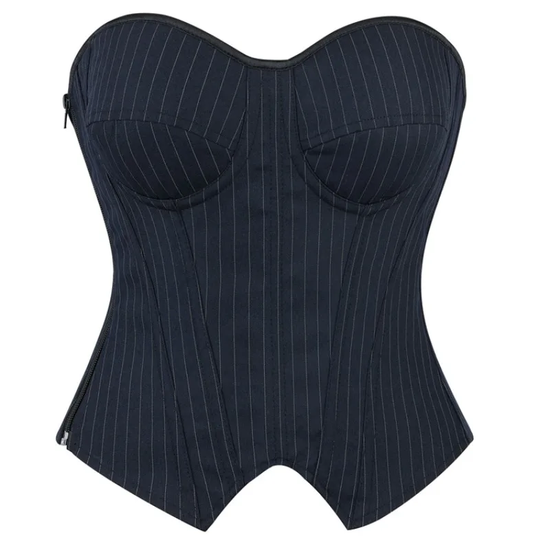 Women Office Lady Corset Top Push Up Cup Striped Bustier Zipper Overbust Corselet Waist Cincher Shapewear Gothic Sexy Korset