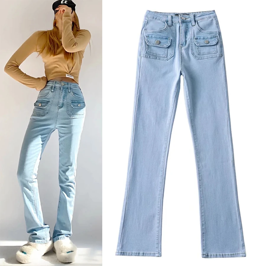 

Slimming High Waist Cotton Stretch Denim Micro Flared Pants Women's Faion ket Detail Long Leg Trousers Autumn Wear