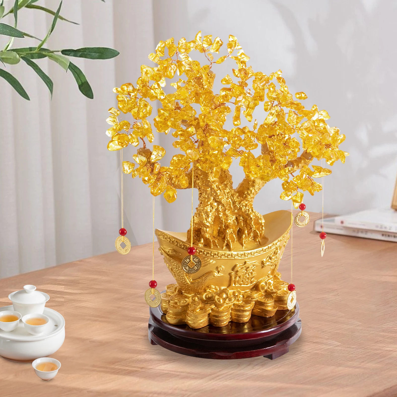 

Golden Tabletop Ornament Resin Money Tree Decoration with Stable Base for Wealth Luck