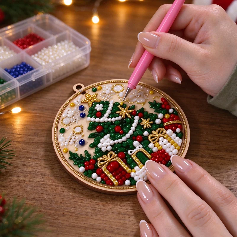 6PC Christmas Tree Wooden Handmade DIY Toys Pearl Painting Elk Santa Claus Bell Handicraft Diamond Ornament Decoration Gifts