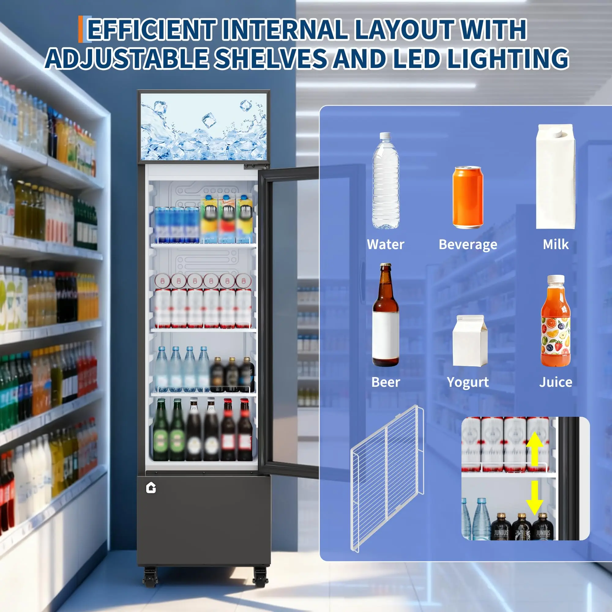 6.1 قدم مكعب ثلاجة المشروبات التجارية باب زجاجي خالي من الصقيع 360 ° تبريد أرفف قابلة للتعديل مبرد البضائع #3