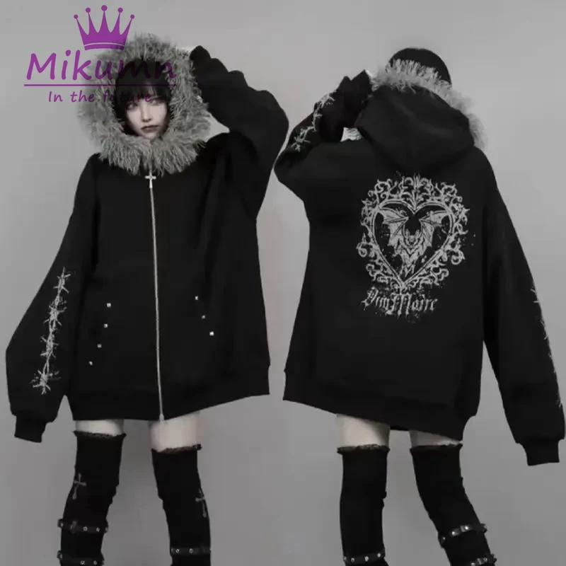 

Mikumn Gothic Grunge Black Fur Hooded Coat Y2k Aesthetic Women Print Punk Hoodies Oversized Warm Zippers Sweatshirts Streetwear