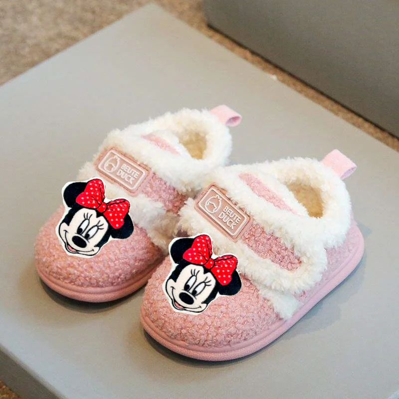 

Зимняя детская повседневная обувь с Микки Маусом Disney, флисовые домашние хлопковые тапочки, детская домашняя хлопковая обувь, нескользящая обувь для малышей для мальчиков и девочек