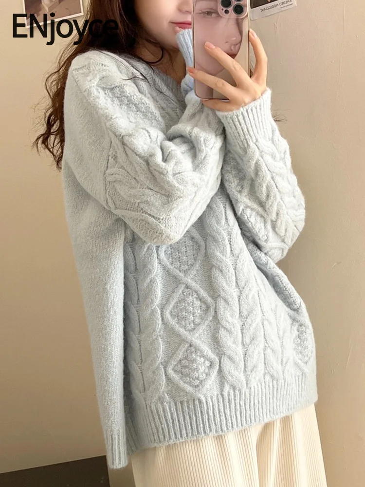 

ENjoyce Autumn Winter Women Vintage Mohair Warm Sweaters Korean Fashion Knitted Pullovers Loose Knitwear Round Neck Tops