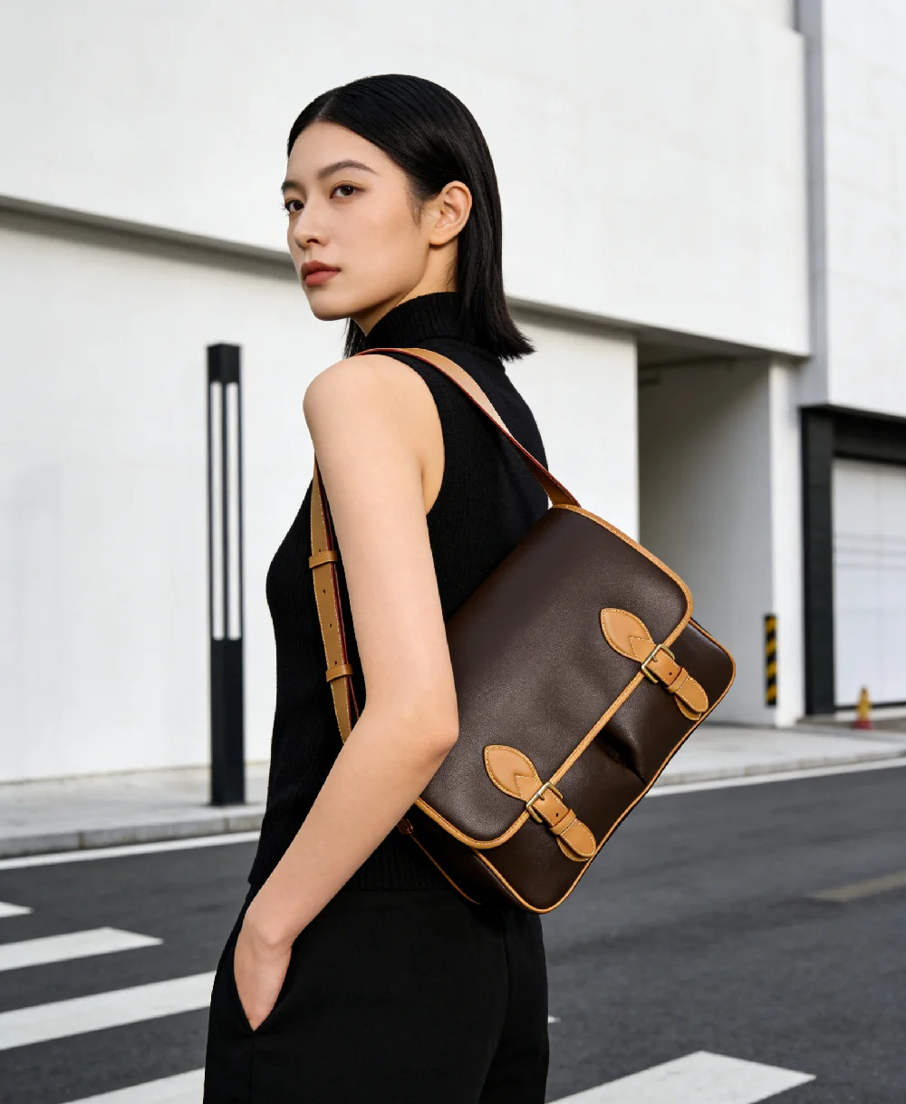 Classic Brown and Beige Colorblock Messenger Bag for Women Leather Shoulder Purse with Adjustable Strap for Casual Errands