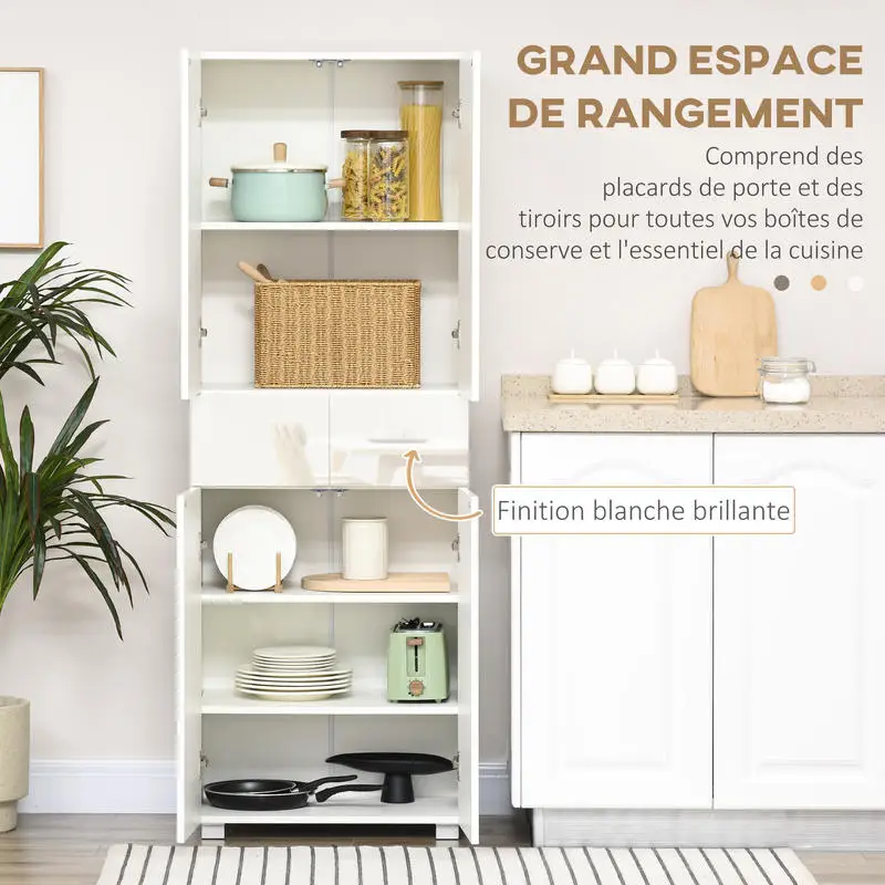 Buffet de cuisine 4 portes avec étagères réglables - dim. 60L x 35L x 170H cm blanc laqué