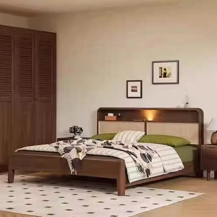 ！@New Design Multi-functional Bedroom Furniture Solid Wood Storage Rattan Bed Head Oak Drawers Wooden Rattan Bed Set