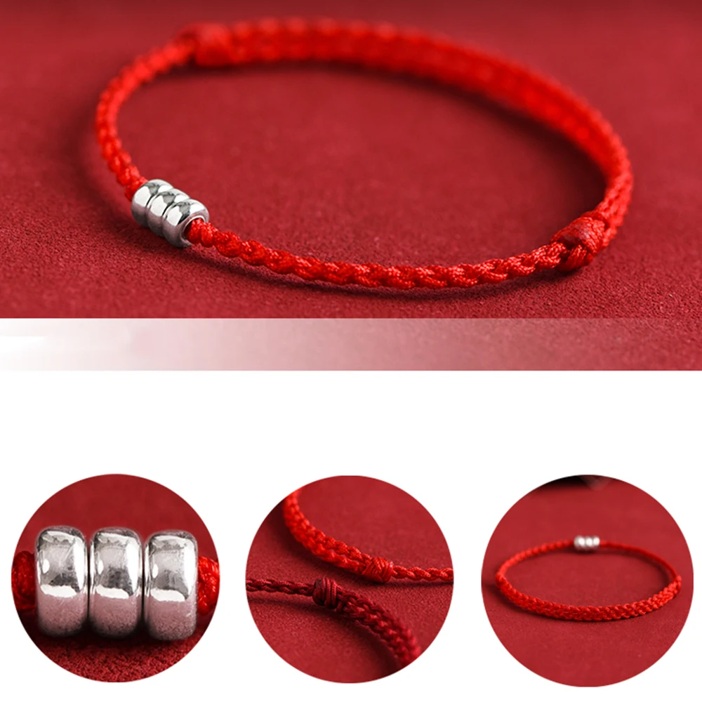 Handmade 3 Beads Red String Bracelet for Women Men Silver Color Lucky Bead Red Rope Bracelet Amulet for Protection Charm Jewelry