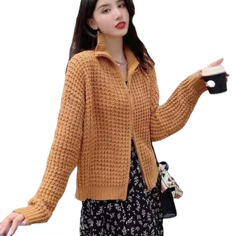 Generous Collar Zipper Mesh Knitted Cardigan Jacket for Fall Winter 2022 Korea Style Leisure Design Short Loose Sweater Cardigan