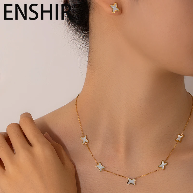 ENSHIR 316L Stainless Steel Star White Shell Necklace Bracelet Earrings For Women Delicate princess Jewelry Set Gifts Wholesale