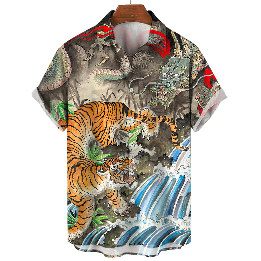 Social Shirt Everyday Men\'s Shirts 3D Animal Printed Short Sleeve Tops Tiger/Dragon Blouse Casual Tees Oversized Male Clothing