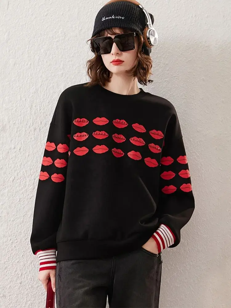 LOUIS YAO Women Sweatshirt 2023 Autumn Long Sleeve Round Neck Heavy Beaded Lips Pattern Loose Fit Top