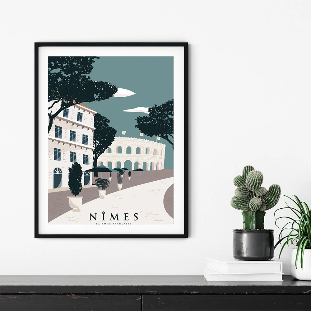 Póster de Nimes impreso de la ciudad del sur de Francia, arte de Nimes, pintura en lienzo, regalos de viaje, ilustración de paisaje de la ciudad, imágenes de pared, decoración