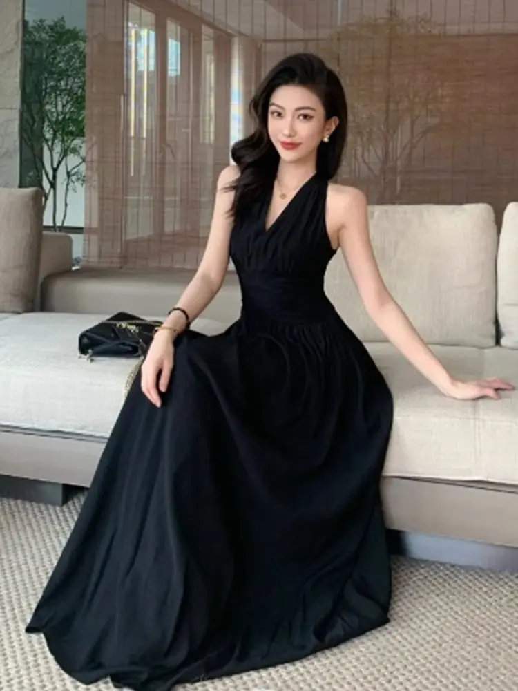 Elegant Backless Sexy Club Pleated Vest Long Dresses Women Black High Waist Beige V Nec Vacation Slim Party Evening Dress Summer - view 5
