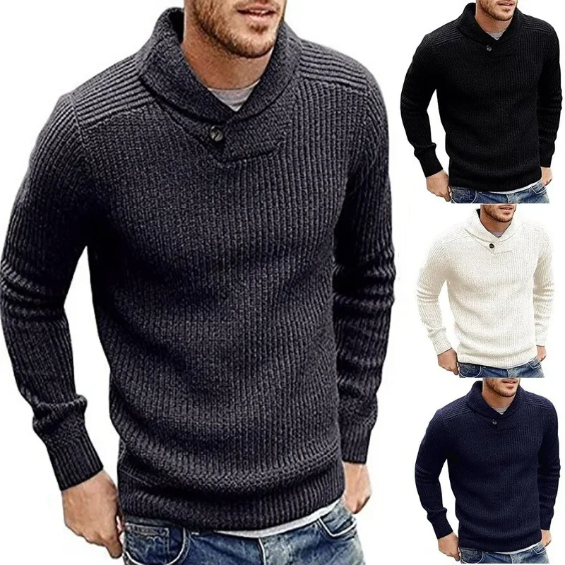 Autumn and Winter New Men's Casual Pullovers Lapel Knitted Sweater Slim-fitting Versatile Fashion Sweater