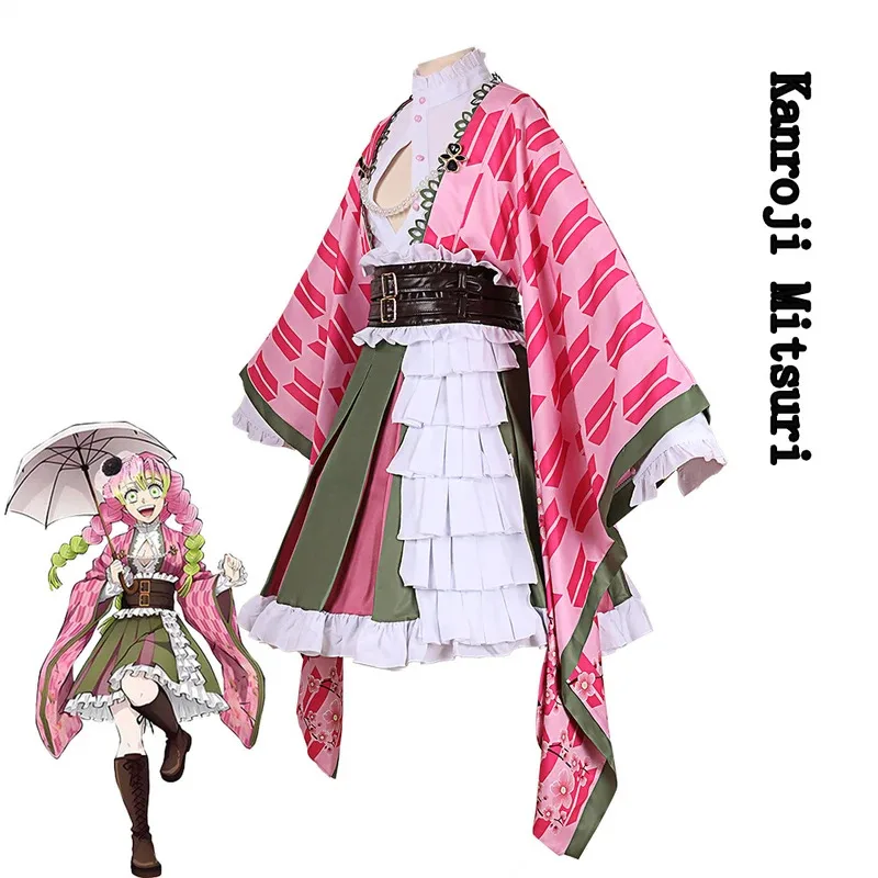 Anime Demon Slayer Mitsuri Kanroji Cosplay disfraz peluca 5 aniversario kimono disfraces de Halloween para mujeres hombres; 3'v,6.h;8'