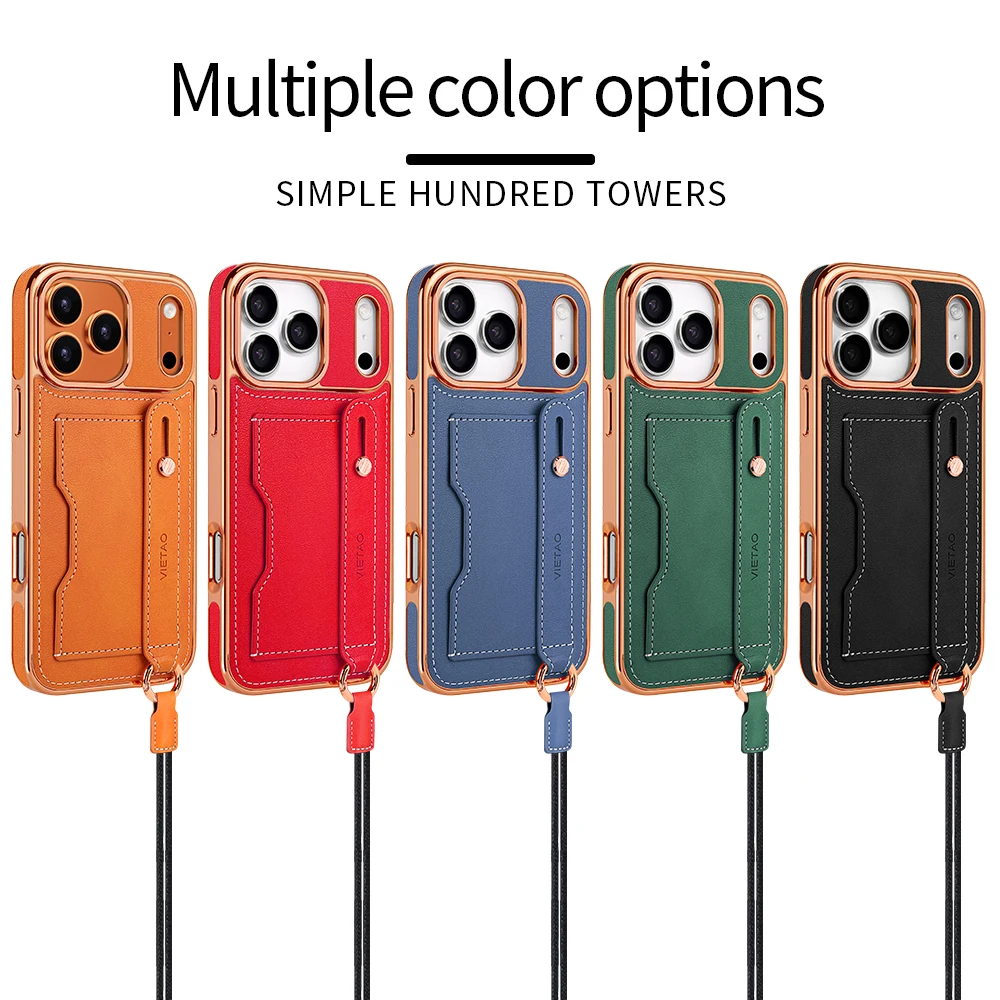 

Для iphone 17, 16, 15, 14, 13, 12 Pro Plus Max Air Чехол с тиснением, кожаный слот для карт, короткий ремешок на запястье, защитный чехол для объектива