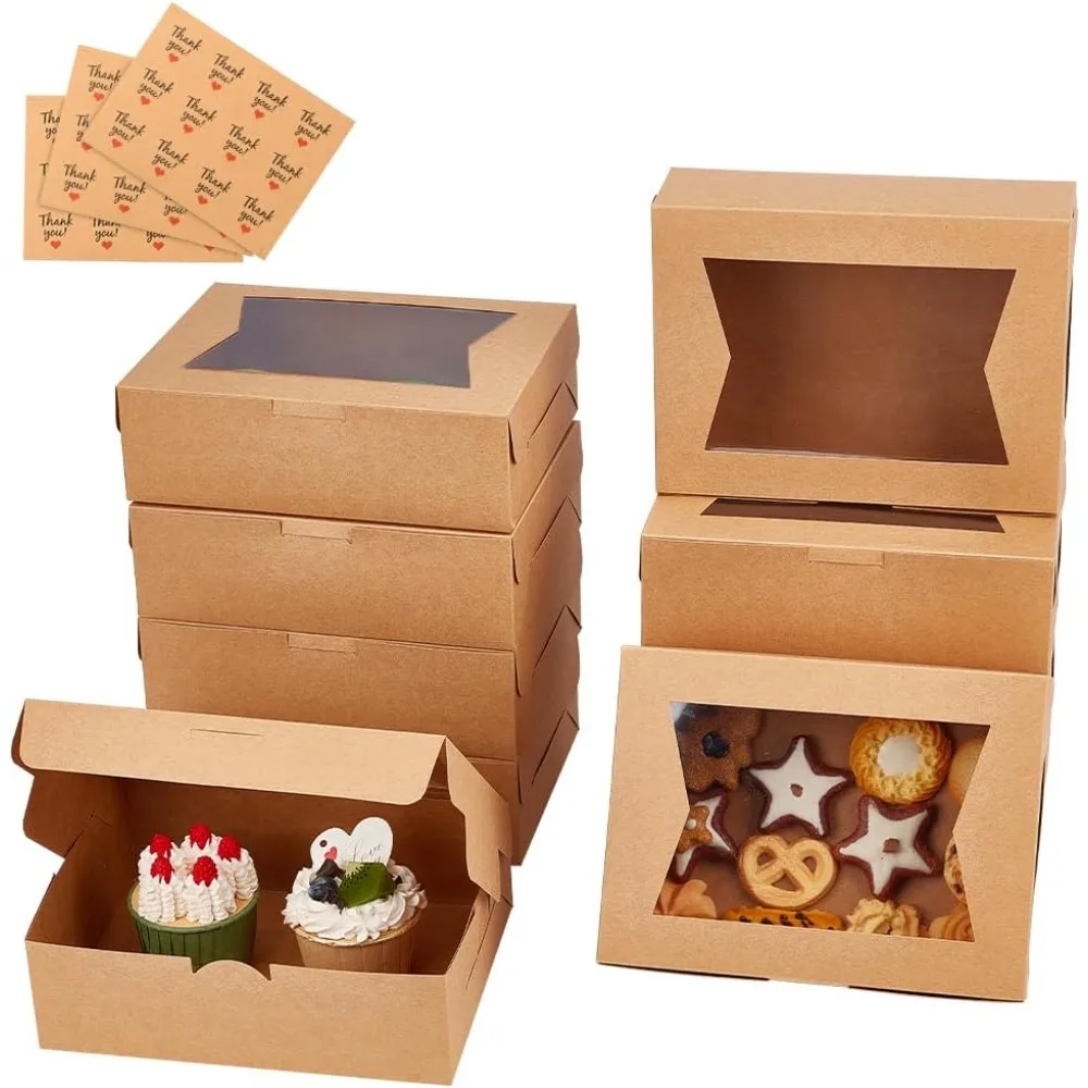 

20 Packs 8x6x2.5 Inch Kraft Paper Box Brown Bakery Boxes with Clear Window Treat Gift Boxes with 3 Sheets Stickers for Display