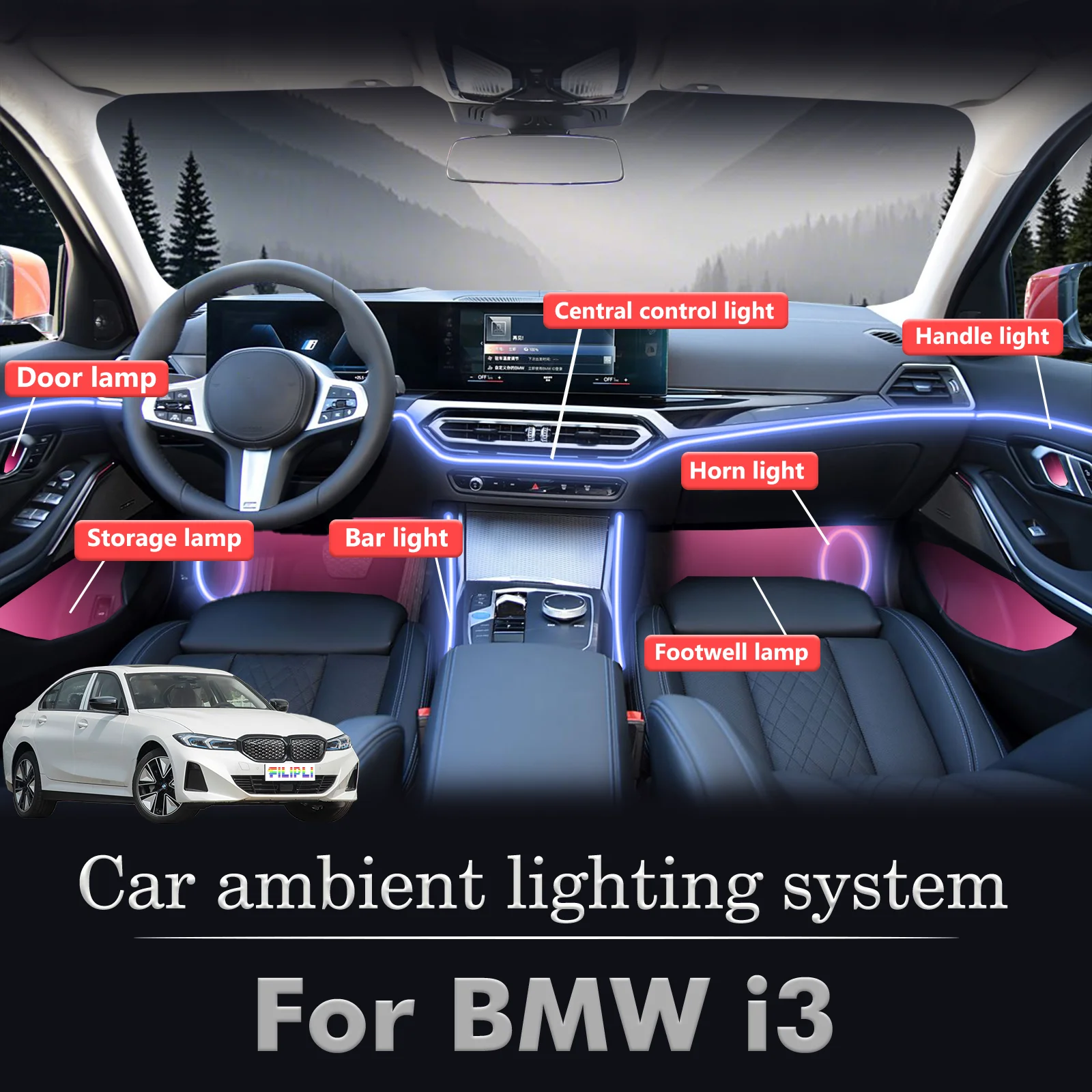 

Для BMW I3 салон автомобиля комплект окружающей лампы RGB 64-цветный светодиодный умный пульт дистанционного управления энергосберегающие эффективные огни