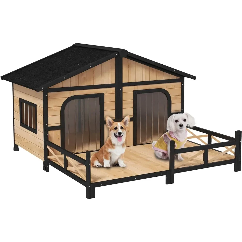 

Wooden Large Dog House Outdoor Double XL Dog Kennel with Elevated Floor and Porch, Weatherproof Puppy Shelter for Dogs, Natural