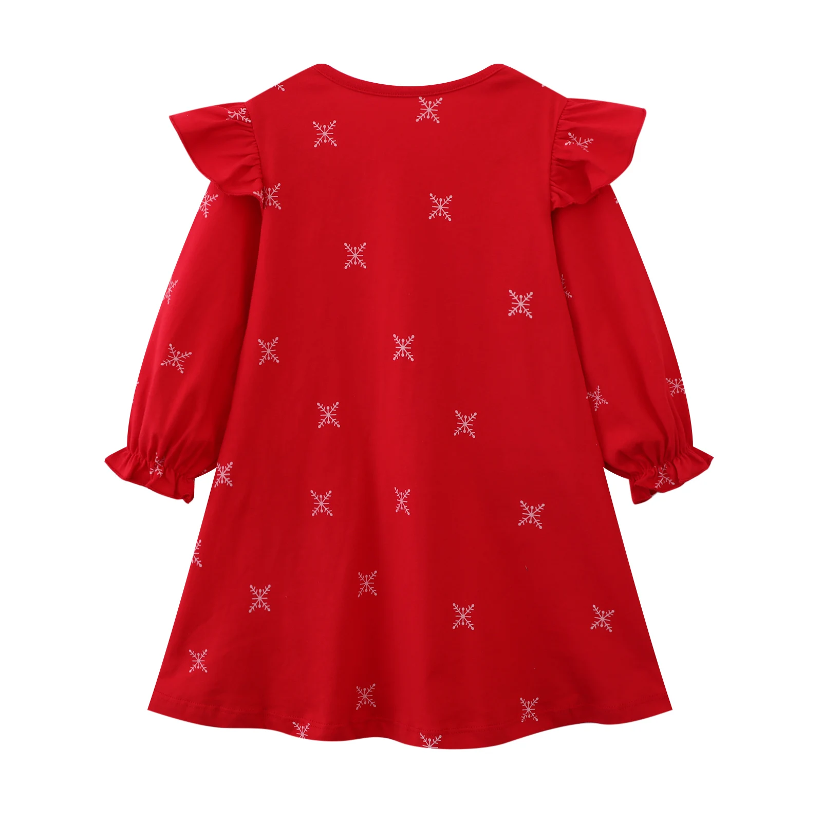 ชุดเดรสผ้าฝ้าย 100% สำหรับเด็กผู้หญิงในวันคริสต์มาสพร้อมแขนเสื้อระบาย - ลายซานตาคลอส/กวางคริสต์มาส/เกล็ดหิมะ - สไตล์ฤดูใบไม้ร่วงและฤดูหนาว
