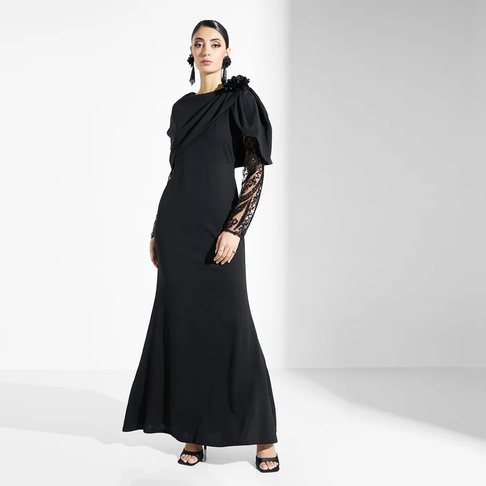 

Черное вечернее платье с круглым вырезом Платье русалки для выпускного вечера длиной до пола Вечернее платье с длинными рукавами и бисером Саудовское платье с цветком