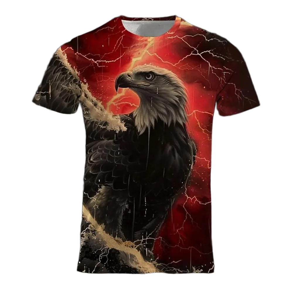 تي شيرت رجالي صيفي متعدد الاستخدامات مطبوع ثلاثي الأبعاد بلون نسر رائع ورقبة دائرية وأكمام قصيرة فضفاض ومريح على الموضة