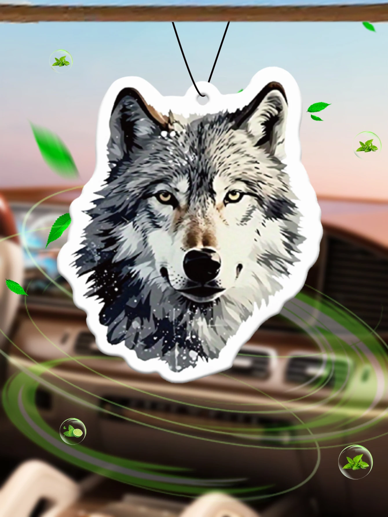 A Car Air Freshener with the Scent of Bahamian Sea Breeze (Romantic Scent) Featuring a Wolf with Orange Eyes |   Rearview Mirror Hanger & Dual-Purpose Air Vent Clip |   Natural Material Aromatherapy Tablets |   Long-Lasting Fragrance for 90 Days |   Alcohol-Free |   Not Afraid of Direct Exposure to the Sun |   Designed Specifically for Odor Removal in Cars, Closets, and Bathrooms. |   Cartoon Animation Graphics |   Unisex |   Luxury-Grade Fragrance |   Five