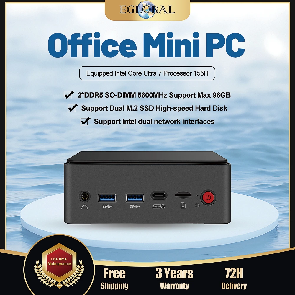 

Eglobal 14-го поколения Ultra 7 155H Компактный мини-ПК для офиса и дома 16G DDR5 RAM 512G NVMe SSD Windows 11 HD DisplayPort Type-C Wifi6